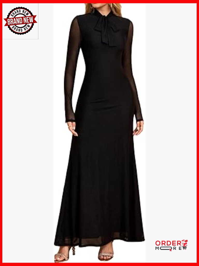 Elegant Long Sleeve Bow Tie Neck A-Line Maxi Dress Flowy Formal Guest Party